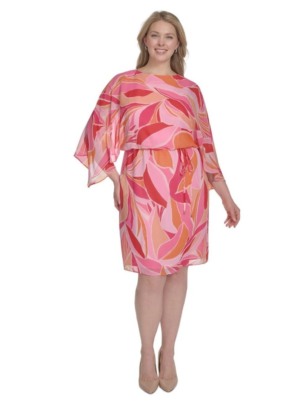 Jessica Howard Womens Floral Print Chiffon Dress With Cape Overlay 18W Pink & Or